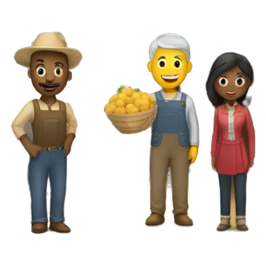 barn with two farmers, one male and one female and some customers of various ethnic backgrounds sticker