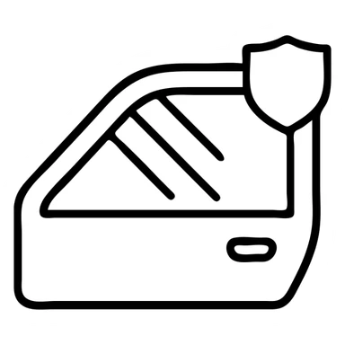 outlined icon of luxury car side window, clean lines, dark to gray gradient suggested with lines, small shield or blocked sunbeam, subtle shading, modern and simple sticker