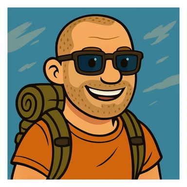 Make the bold man smile, keep the cartoon style, squared dark glasses, blue eyes, traveler vibe. sticker