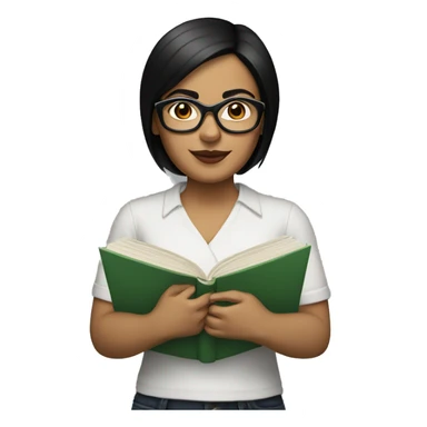 Hispanic woman with short straight black hair  and dark glasses with a book sticker