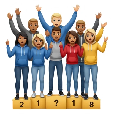 multi-racial men and women standing on a winners’ podium, no numbers displayed, all casually dressed in fun clothing like jeans and hoodies, very excited, fun, expressive emoji style sticker