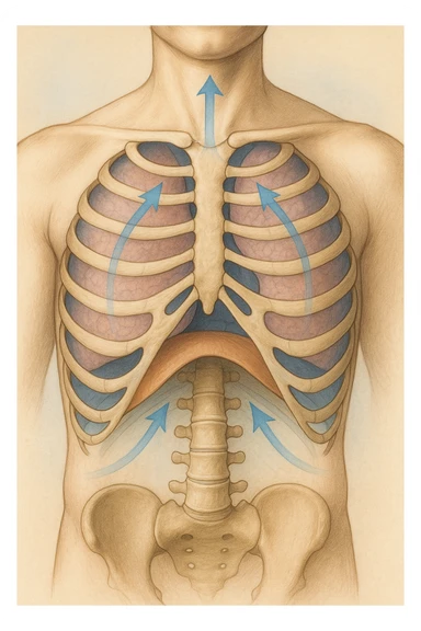 A realistic, high-quality anatomical illustration showing a human torso with visible rib cage and diaphragm. The ribs are shown in a decompressed, expanded state, allowing full lung expansion, while the diaphragm is depicted as relaxed and lowered, indicating deep, efficient breathing. Soft blue and warm tones highlight airflow and lung capacity, with light arrows illustrating the air movement during diaphragmatic breathing. The image conveys a sense of calm, openness, and optimal breathing mechanics, useful for physiotherapy, breathing education, and osteopathic learning contexts realistica sticker