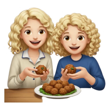 Ragazza bionda leggermente riccia e lunghi che ride ad un ragazzo con i capelli ricci scuri mentre mangia polpette sticker