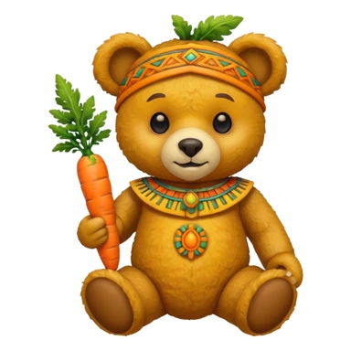 teddy bear half body, wearing yellow mayan ancient custome, with carrot half body sticker