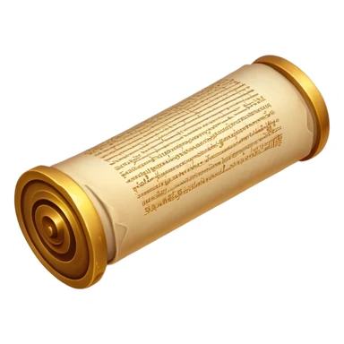 An emoji of an unrolled ancient scroll with glittering gold inscriptions. Tiny magical sparks float around it. A pure white background. sticker