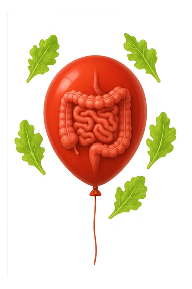intestino chiuso in un palloncino rosso e foglie di insalata che fluttuano intorno sticker