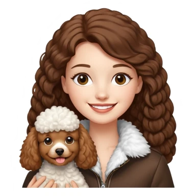 A white girl smiles a broad smile. She parts a long straight brown hair in middle. and she wears a white fur jacket. She also holds one brown poodle. sticker