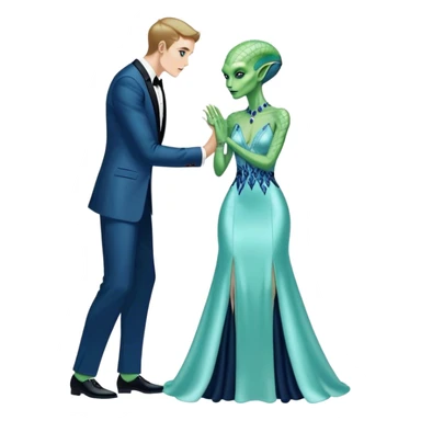 alien reptilian green skin woman, in long slim pastel blue formal party satin dress with gradient shiny sparkling navy blue diamonds embroidered , and caucasian man in black dres on his knees asks her to marry her sticker