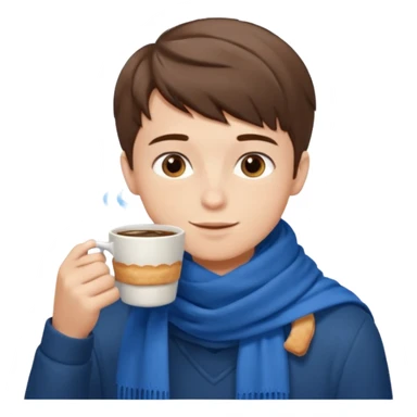 a boy with short hair, having scarf,  drink coffee, enjoy sticker
