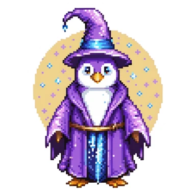Penguin wizard with purple robe and blue magical sparkles sticker