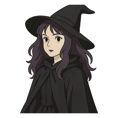 gothic woman with purple hair, witchy touch, wearing a black cloak, ghibli style sticker