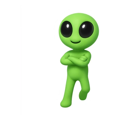 Edit the alien dancing neon green image to have crossed arms and a slightly changed pose for animation frame 2. Keep it almost identical to the reference with a transparent background. sticker