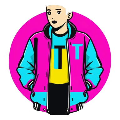 Minimalist sticker with white 'tt' letters on a black circle with cyan, magenta, and yellow dots below, jacket with street style influence sticker