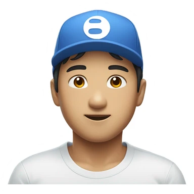 A handsome Asian boy wearing a blue short sleeve shirt and a white cap hat upside down sticker