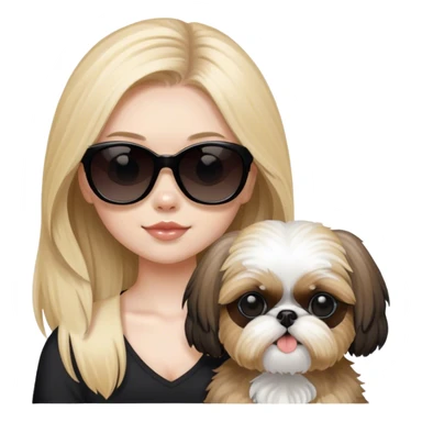 Blonde girl with long hair and pale skin and black sunglasses holding tan shit Tzu and a black Shih Tzu sticker