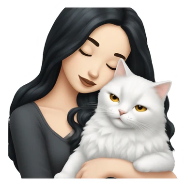 A pretty white girl with very long black hair and sleeping curled up to a white cat  sticker
