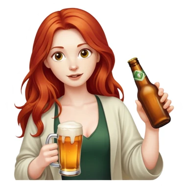 Character with flowing long red hair and a beer bottle sticker