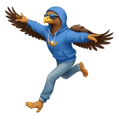 friendly anthropomorphised eagle with arms in a hoodie and jeans with sunglasses leaping, energetic pose sticker