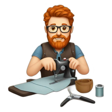 Red smooth haired man with beard and glasses sewing a leather bag by hand sticker