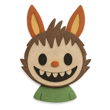 Labubu character icon, layered paper look, whimsical paper craft style sticker