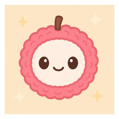 kawaii lychee emoji with plush toy-like look, round white face, big shiny eyes, happy smile, bright pink bumpy skin, small brown stem, glossy 3D style, soft shading, detailed texture, cheerful and expressive sticker