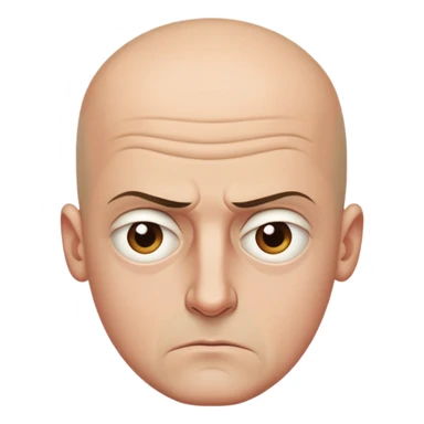 Steven Miller, bald, scowling expression, narrow rectangular head, bottom lip sticking out, eyelids almost closed and lower on the outside sticker