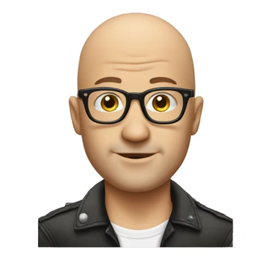 Bald man with glasses, pricing in the ear, punk shirt sticker