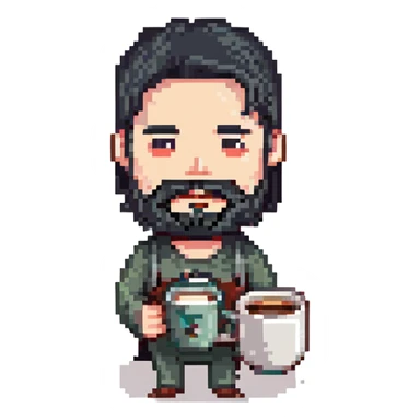 A thin guy with black hair, a long face, black beard, not too thick and long, holding a mug of coffee sticker