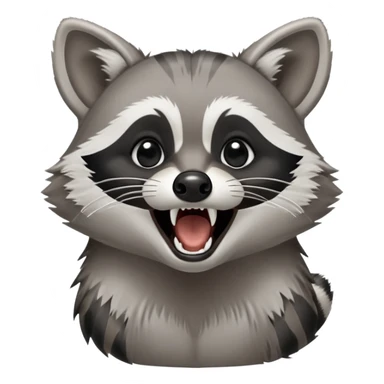 Cinematic-Noble- Yawning Raccoon-Portrait-Emoji – Poised and confident, wide-open yawn, revealing a soft grey with a sturdy build and a beautifully textured fur of silver-grey accented by dark black facial markings, deep-set, big black eyes, simplified yet sharp and sophisticated zoom out to show shoulders sticker