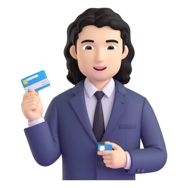 Business strategist with black wavy hair, stubble, chiseled face, wearing blazer and button-up shirt, engaged in conversation at a networking event, holding business card, surrounded by other professionals, social business setting sticker