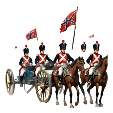 A vintage movie poster-style design depicting a dramatic Napoleonic War scene. Include soldiers in period uniforms, cannons, and a battlefield with flags and horses. The background should evoke a sense of battle and history, with old-fashioned cinematic flair. Transparent background. sticker