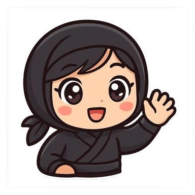 Super cute kawaii chibi style ninja girl with big sparkling eyes, round face, soft colors, playful charm, black short hair with a blonde streak, only head and arms visible, bold outlines, no mask, hand fully raised waving to the right, smiling, sized for Twitch emoji use. sticker