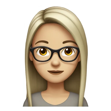 white girl with black straight long hair, dark brown eyes, glasses sticker
