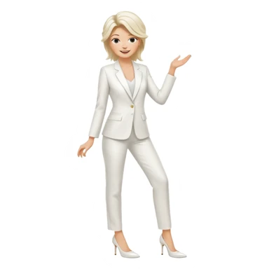 Chica blanca, traje pantalón blanco, zapatos blancos tacon pelo recogido con mechones sueltos, cuerpo entero sticker