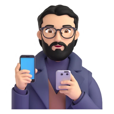 professional man with medium black beard, neat black hair, connected unibrow, olive tan skin, brown eyes, glasses, prominent nose, wearing a black coat, holding a smartphone sticker