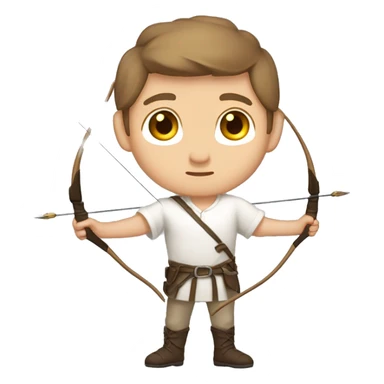 a male archer bending a bow, wearing a white shirt, very short brown hair, bright skin, only show upper part of the body from waist up sticker