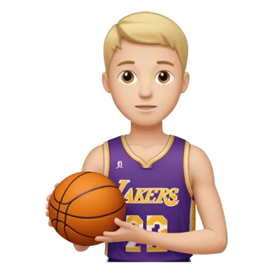 Joven con color de piel claro con uniforme de basquetball laker sosteniendo una pelota de basquet sticker