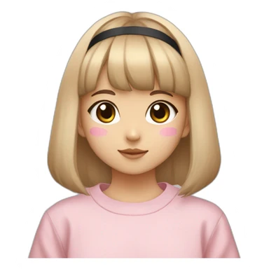 young korean girl with straight bangs and beige face mask and black headband and pink crewneck sweatshirt holding eevee sticker
