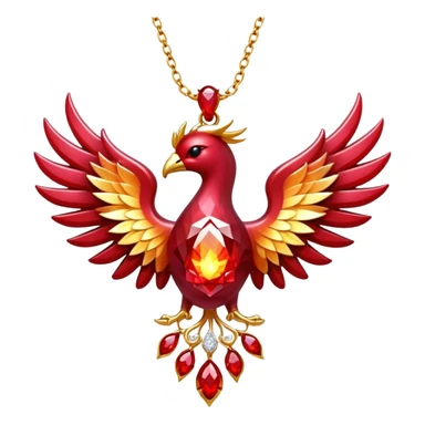 ruby pendant pulsing with fiery light, tiny phoenix emerging inside, haloed by shimmering white stones sticker