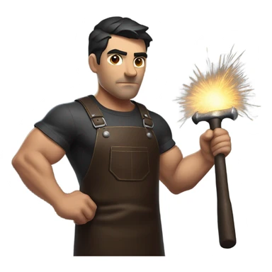 "A muscular man with soot on his face, short dark hair, and a determined expression. He wears a leather apron, holds a hammer, and stands near an anvil with glowing sparks." sticker