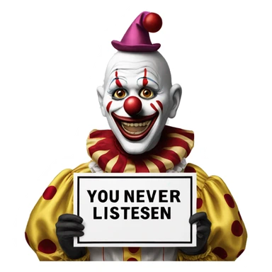 Clown holding a sign stating, "you never listen" sticker
