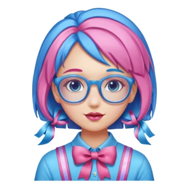 candy girl with very long blue-pink mixed candy hair with ribbon and no tattooes, with glassess sticker