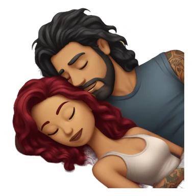 Beautiful tattooed burgundy long haired woman laying on the boyfriends chest sticker