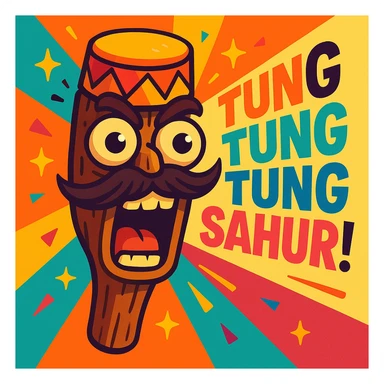 chaotic wooden club emoji with bug eyes, carved face, wild mustache, drum hat, sparkles, yelling 'TUNG TUNG TUNG SAHUR!', colorful dynamic style sticker