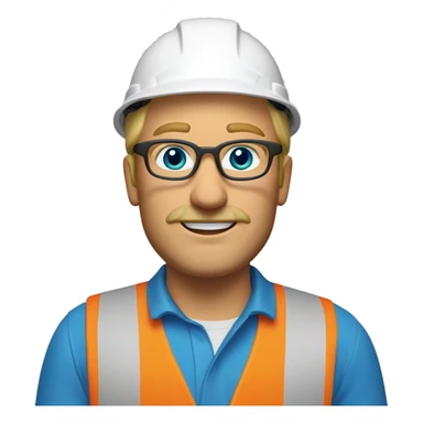 blonde man, no beard but with mustache, blue/green eyes, glasses, wearing white hard hat that says ”gmc” in orange letters, orange safety vest, blue shirt sticker