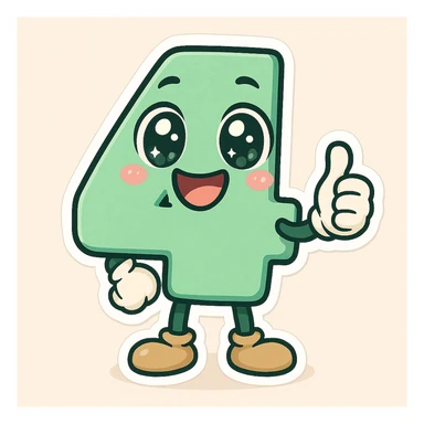 Add a cute, expressive cartoon face to the number 4, keeping the playful cartoon style consistent with chibi stickers style. sticker