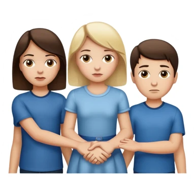Apple iOS emoji style.
A girl holding hands with two boys at the same time,one boy si brunette the other blonde, one on each side.
The girl has a suspicious, guilty expression, slightly turned eyes.
The boys look neutral and unaware.
 smooth gradients, rounded shape sticker