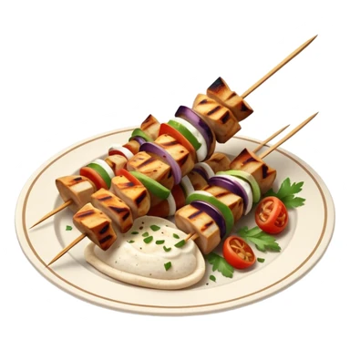 cinematic-realistic-souvlaki-dish-emoji,-showcasing-skewered,-2 grilled-chicken-with-mediterranean-spices-rendered-with-dynamic-textures-and-warm,-appetizing-lighting on pita bread on a plate sticker