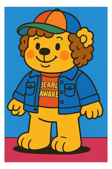 Dustin-bear wearing a denim jacket, funny t-shirt, colorful cap, curly hair, friendly smile, in Bobbie Goods style. sticker