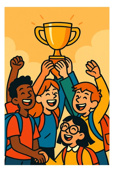 quatre étudiants heureux soulèvent ensemble un trophée, style illustration expressive, fond simple, ambiance de victoire sticker